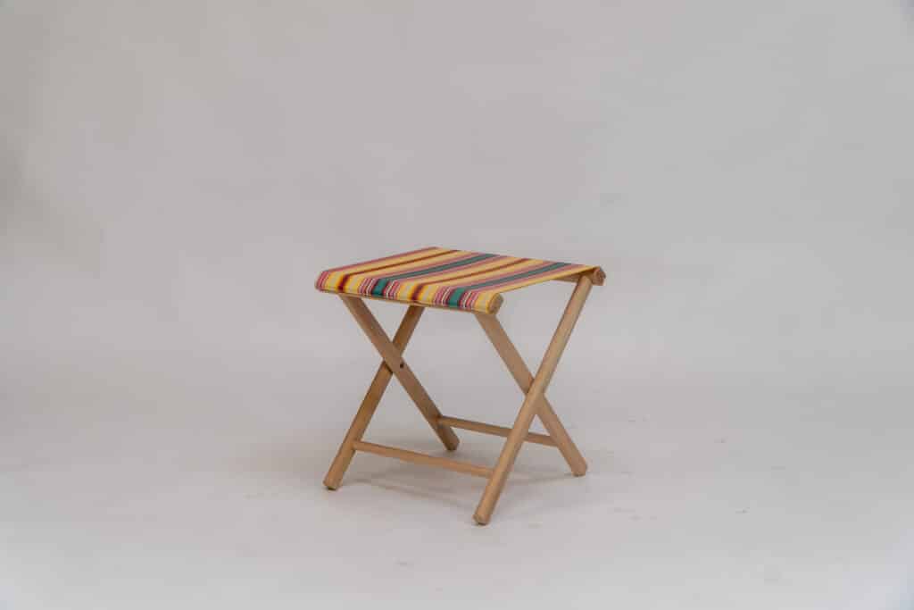 Beechwood Stool with Waltzing fabric, yellow, pink, green, lavendar and white stripes - created by Decks and Stipes Ireland