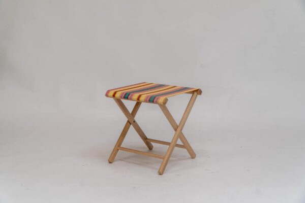 Beechwood Stool with Waltzing fabric, yellow, pink, green, lavendar and white stripes - created by Decks and Stipes Ireland