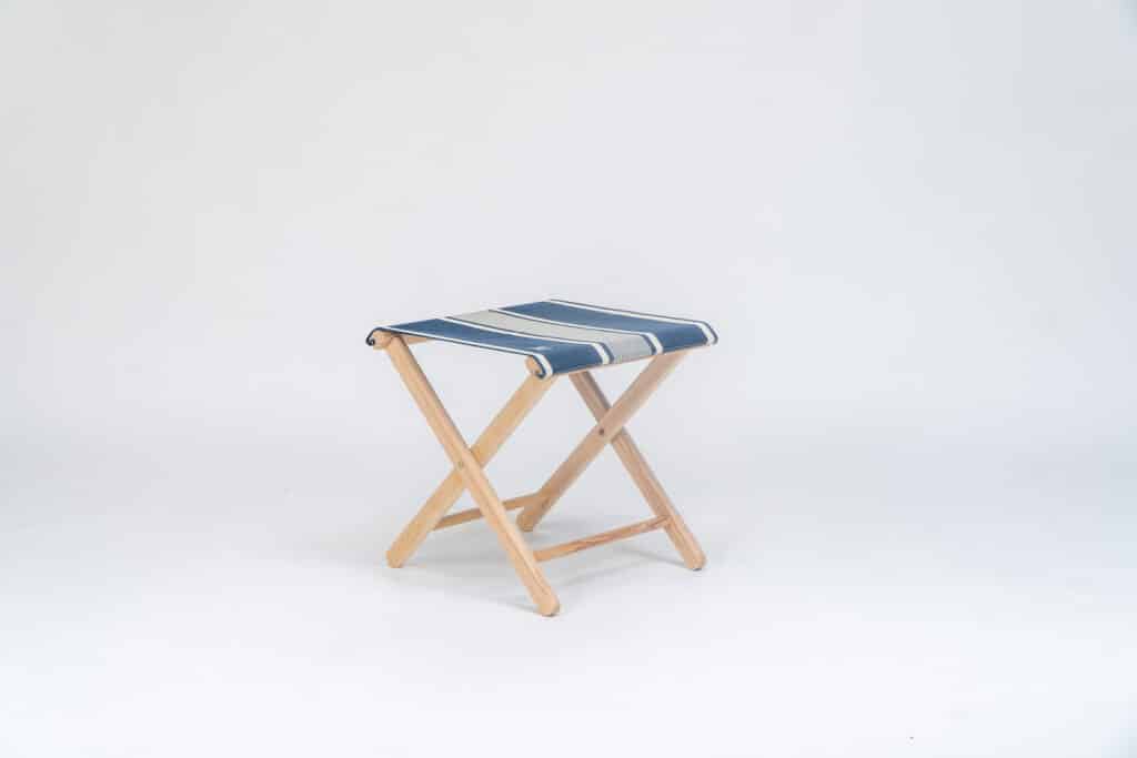 Beechwood Stool with Yvonne Denim fabric, denim and white stripes - created by Decks and Stipes Ireland