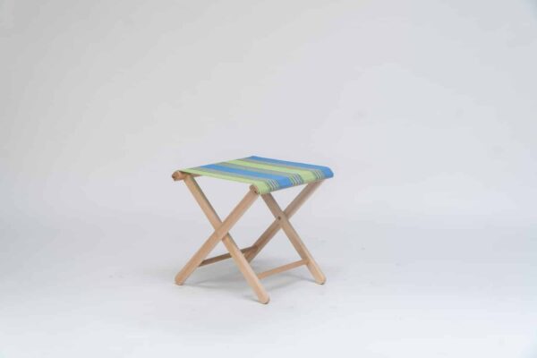 Beechwood Stools with Pickleball fabric, sky blue, lime, yellow, jade, terracotta and charcoal stripes - created by Decks and Stipes Ireland