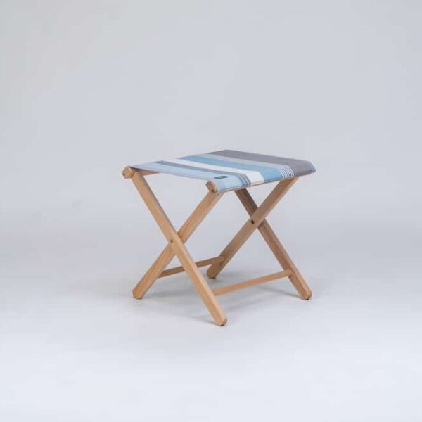 Beechwood stool with Belle-ile-en-Mer fabric, blue, grey and white stripes - created by Decks and Stipes Ireland