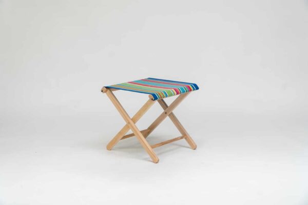 Beechwood stool with Climbing Fabric - blue, green, yellow, red and pink stripes - created by Decks and Stipes Ireland