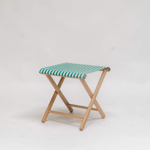 Beechwood stool with Clippo green fabric, green and white stripes- created by Decks and Stipes Ireland