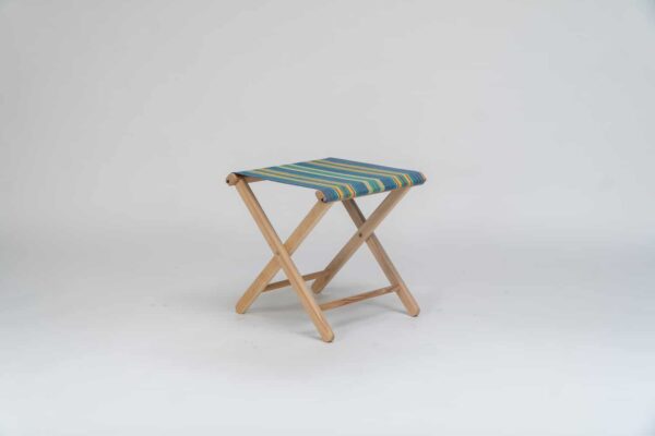 Beechwood stool with Hula Hoop Fabric, blue, green, red and orange stripes viewed from the side - created by Decks and Stipes Ireland