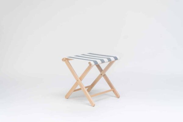 Beechwood stool with Hurling fabric, charcoal and white stripes - created by Decks and Stipes Ireland