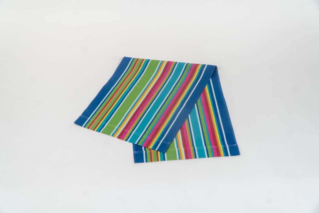 Climbing Fabric - blue, green, yellow, red, and pink stripes by Decks and Stripes Ireland