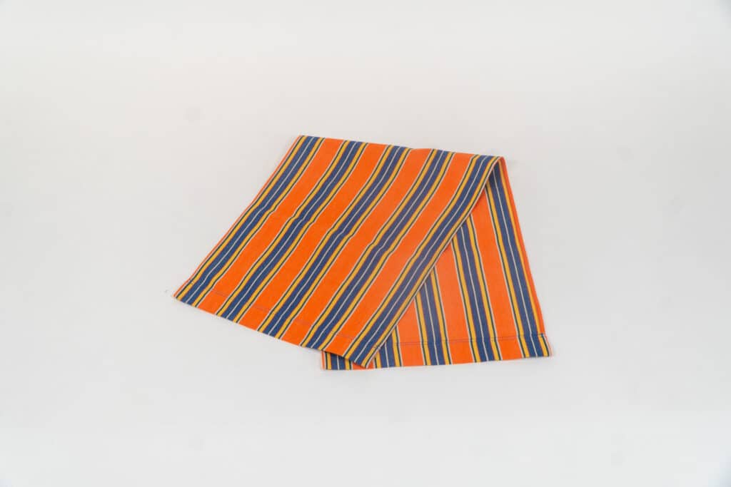 Jazz fabric, rust, blue, yellow, white and black stripes by Decks and Stripes Ireland