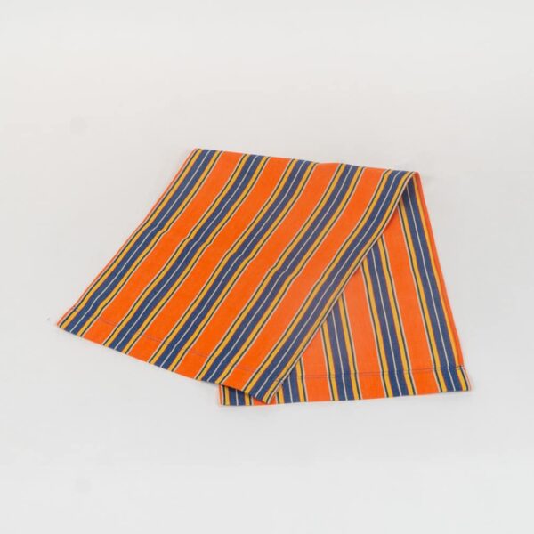 Jazz fabric, rust, blue, yellow, white and black stripes by Decks and Stripes Ireland