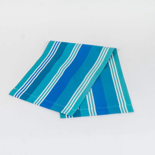 Madrague fabric, turquoise, blue, green and white stripes by Decks and Stripes Ireland