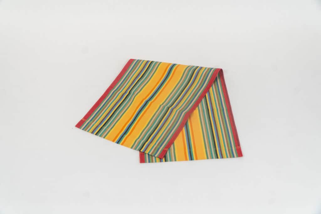 Medley fabric, red, orange, green, black, yellow and blue stripes by Decks and Stripes Ireland