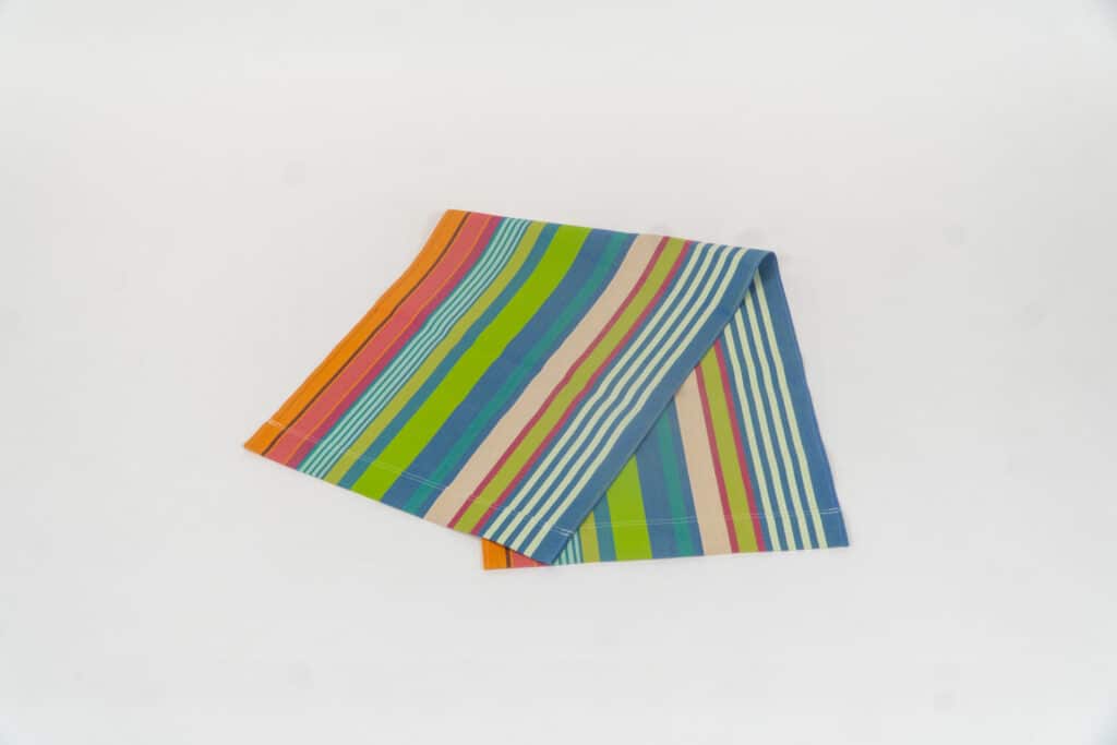 Orienteering fabric, green, blue, pink, plum, white and terracotta stripes by Decks and Stripes Ireland