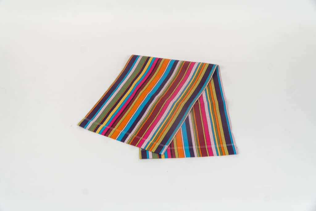 Paintballing fabric, blue, green, orange, yellow pink and red stripes by Decks and Stripes Ireland