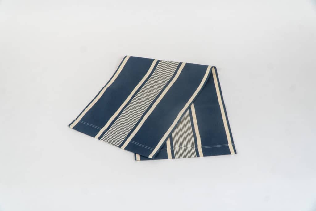 Yvonne Denim fabric, denim and white stripes by Decks and Stripes Ireland